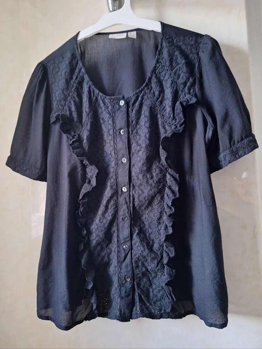 LOGO Lori Goldstein L Black Blouse Top Eyelette ruffle